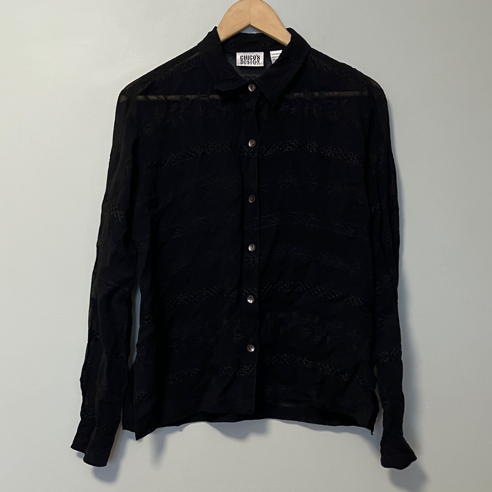 Chico’s Design 100% Rayon Black Embroidered Sheer Button-Up Shirt